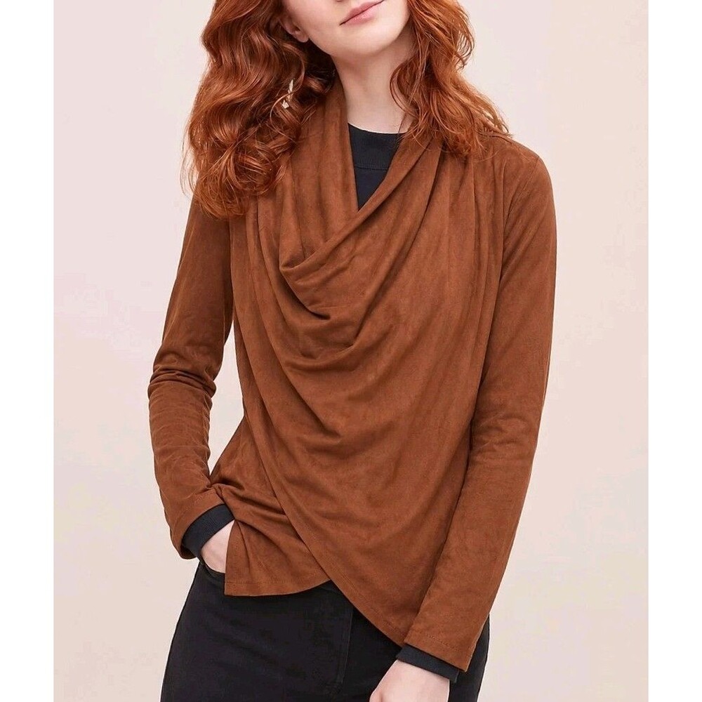 Anthropologie BLANKNYC Faux Suede Waterfall Cardigan S Brown Drapey Soft Stretch